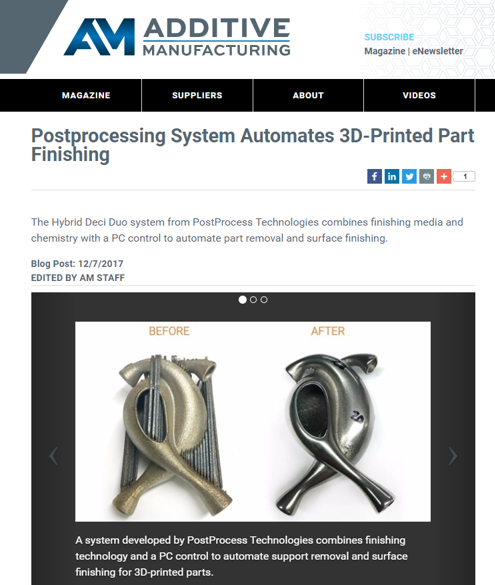 Screenshot of additive manufacturing magazine's eNewsletter with article and metal before and after part.