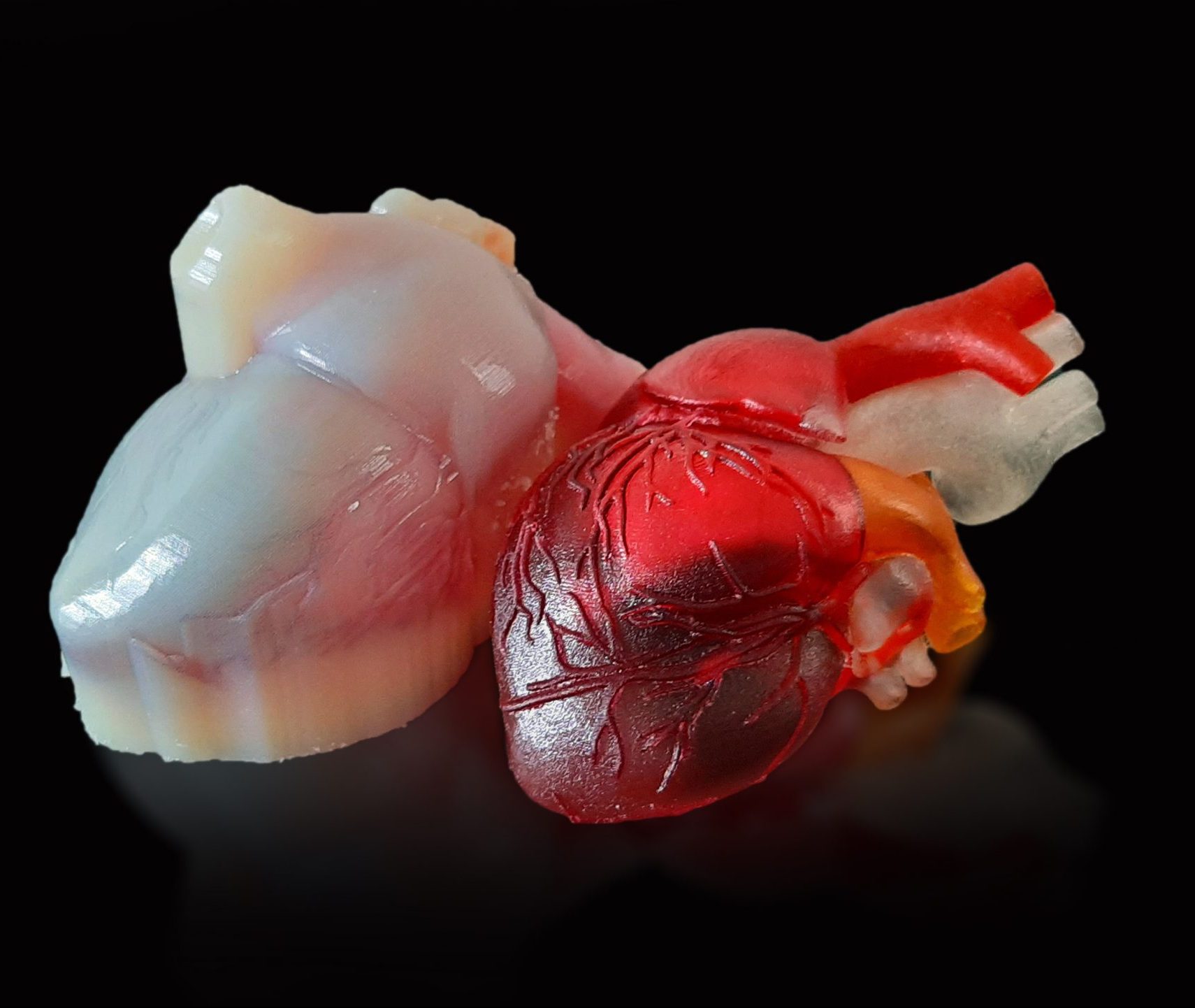3D printed polyjet heart before and after.