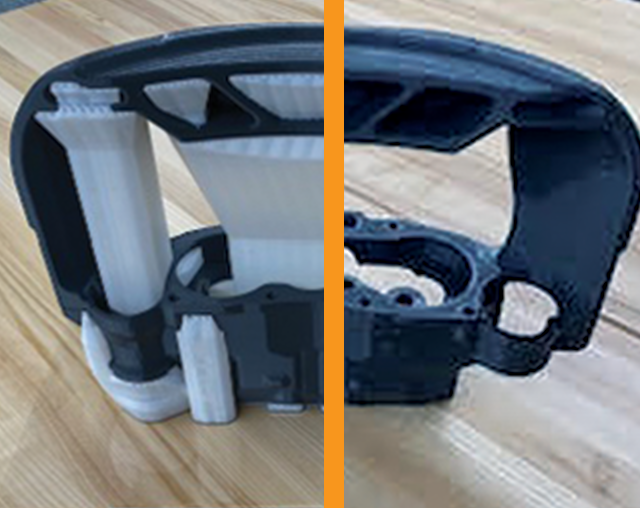 3D printed polyjet heart before and after.